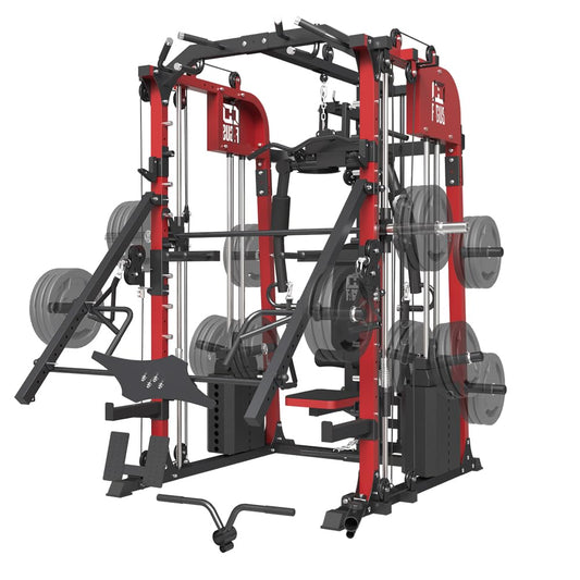 smithmachine with smithbar, Home Gym Station with Dual Weight Stacks, 4000LBS Power Cage Squat Rack with Lever Arm, Leg Press, LAT Pull Down, Cable Crossover Machine for Full Body Training, Red