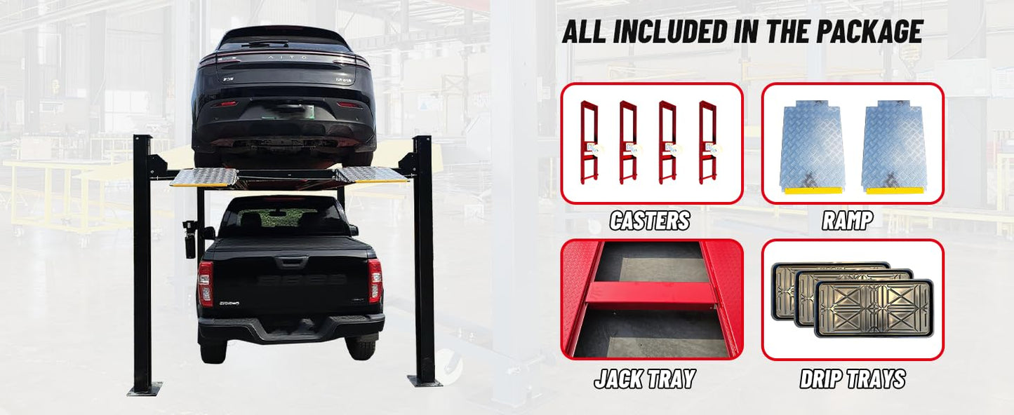 KATOOL 9500lbs Heavy Duty 4/Four Post Car Lift 3.0HP Lifting Capacity, 84" Max Lifting Height, Aluminum Ramp, with Caster(Moving Kit) Oil Tray Jack Tray, Storage Parking Car Lift Home Service, 110v