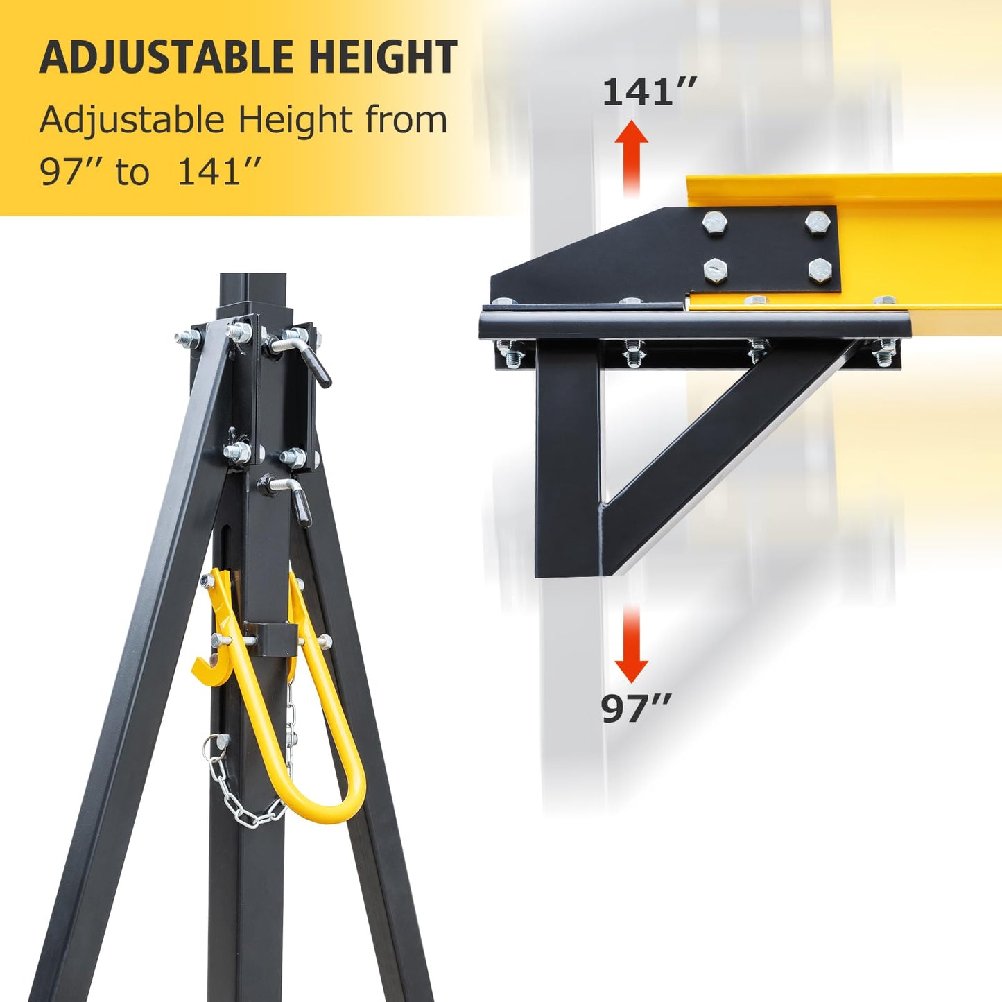 Adjustable Gantry Crane 2 Ton Portable Lift Hoist with Height Range 97 to 141 Inches 4400 Lbs Load Capacity Heavy Duty for Factories Construction Sites Warehouses Auto Repairs