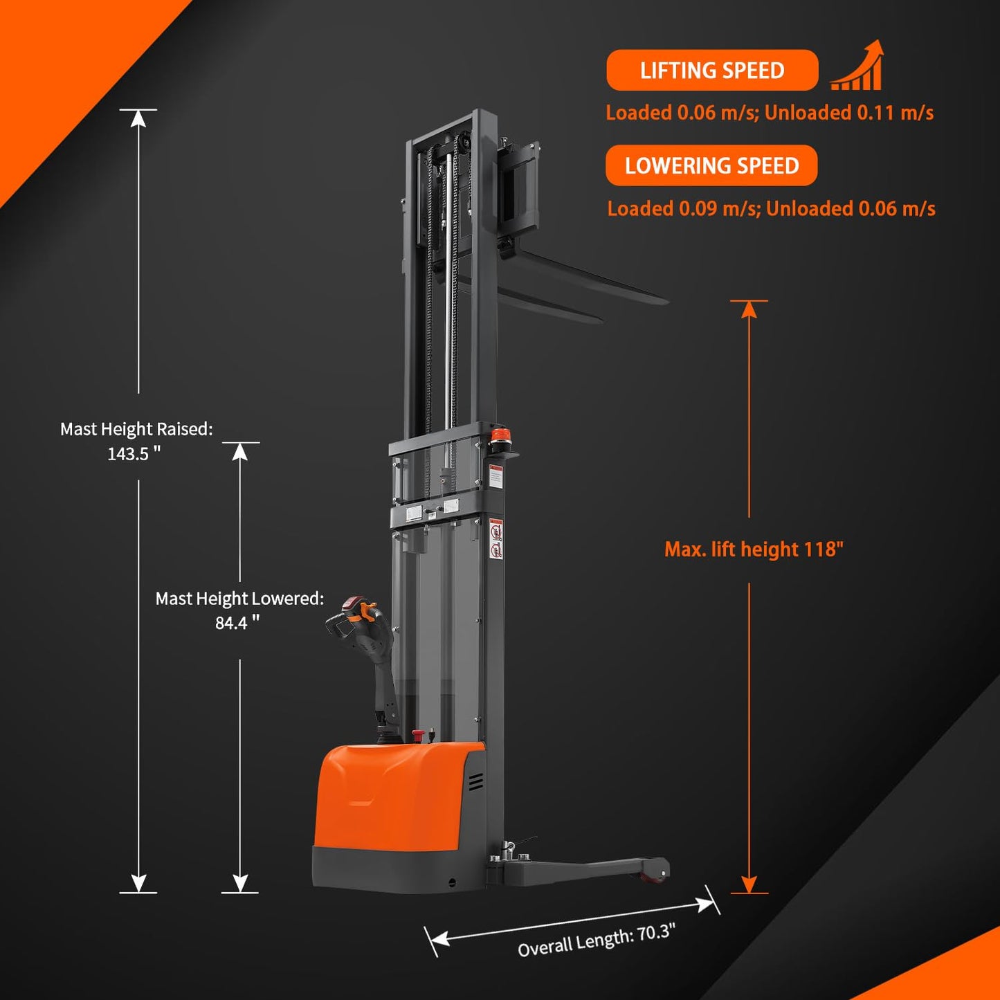 Tory Carrier Full Electric Pallet Stacker, Pallet Forklift, 3300 lbs Capacity, 118" Height Material Lifts, Straddle Legs & Forks Lift, Upgraded Maintenance-Free Gel Battery for Narrow Spaces