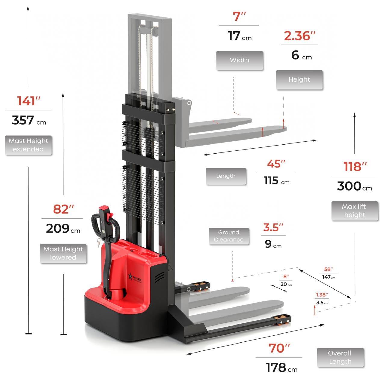 TEXLIFT Full Electric Forklift Walkie Pallet Stacker 3300 Lb Capacity 118 Inch Lifting Height and Full Electric Power Pallet Jack 4400 Lb Capacity 48” L x 27” W Fork Size