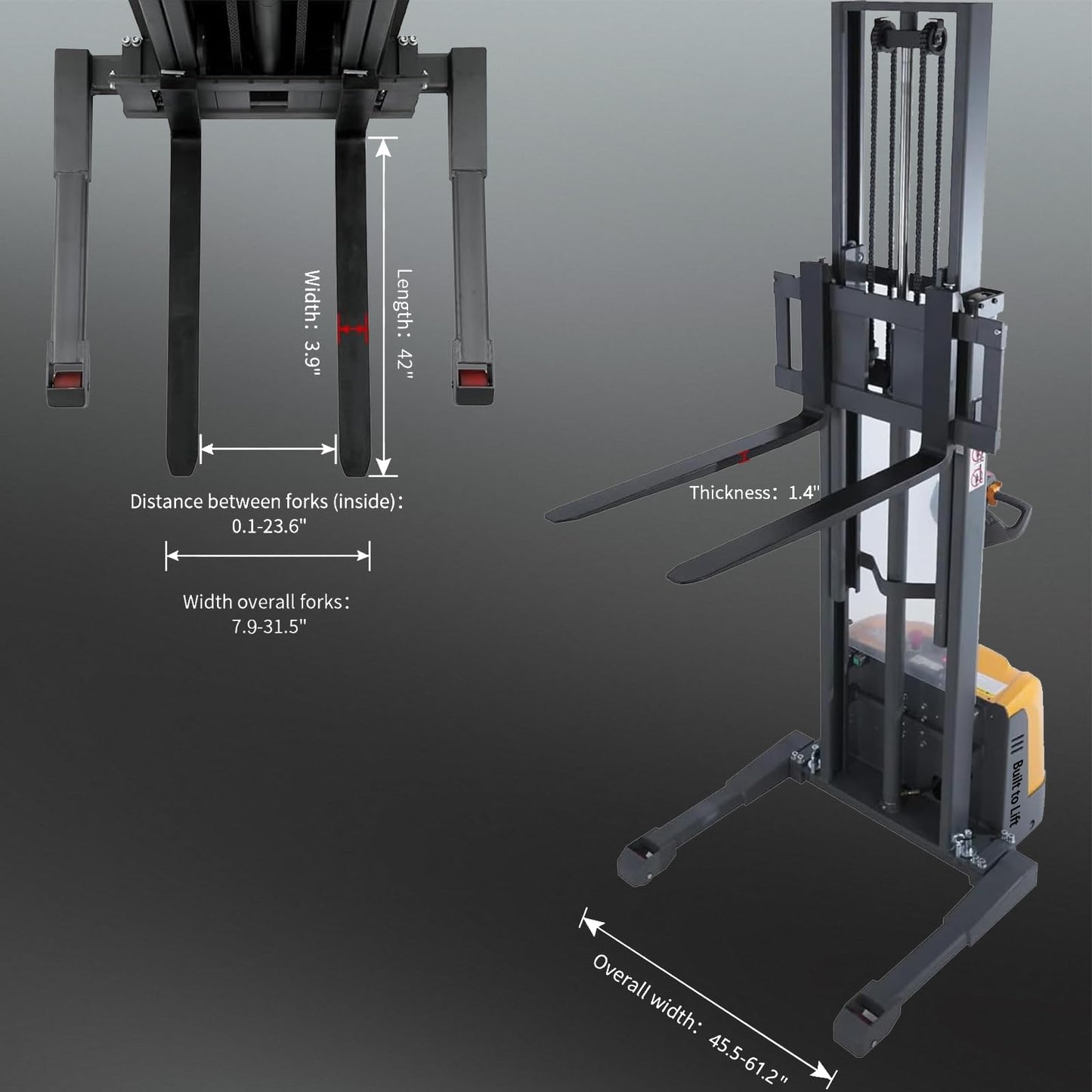 Built to Lift Full Electric Stacker, Pallet Stackers 98" Lifting, 3300lbs Material Lift Straddle Legs, Forklift for Warehouse with Adjustable Forks