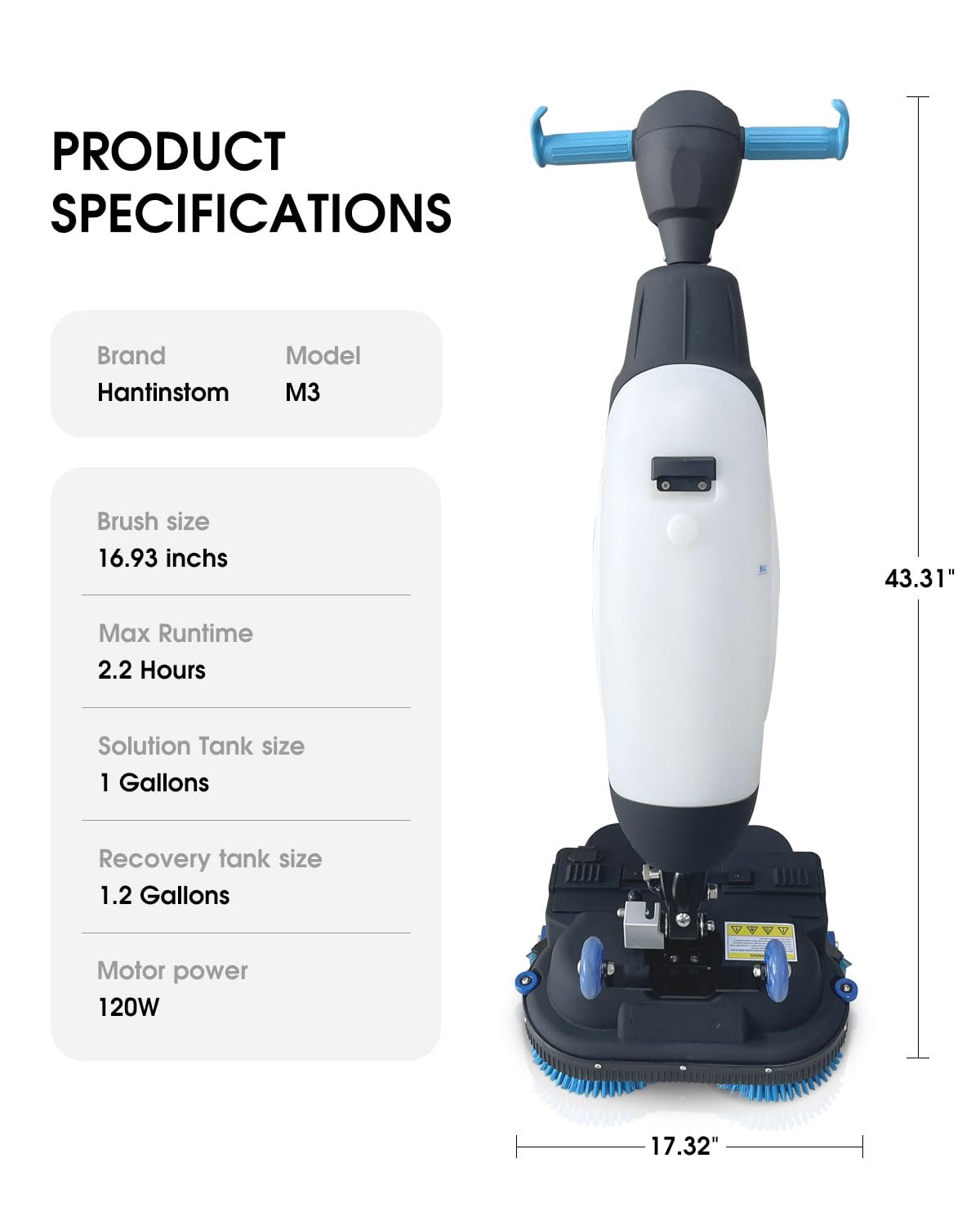 Hantinstom 17" Commercial Floor Scrubber Machine with Double Brush Disc Battery-Powered Multi-Functional Floor Buffer Machine 360°Rotation,10700 sqft,350 RPM Motor,1-Gal Tank