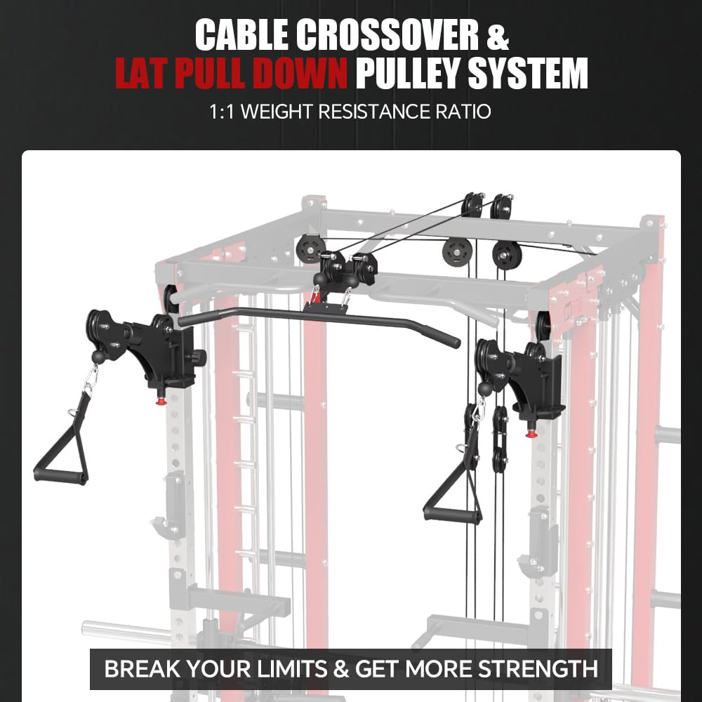 FAGUS H Commercial Smith Machine with Weight Bench Combo, 4000LB Power Cage Squat Rack with Lever Arm, Leg Press, Multi-Function Linear Bearing Cable Crossover Machine for Home Gym, Red