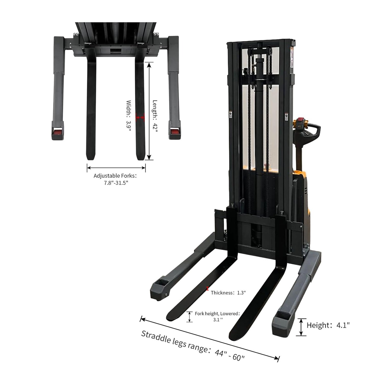 Torry Carrier Powered Forklift Full Electric Powered Stacker 98" H Lifting Walkie Stacker with Straddle Legs & Adjustable Forks 2640lbs Cap Straddle Legs