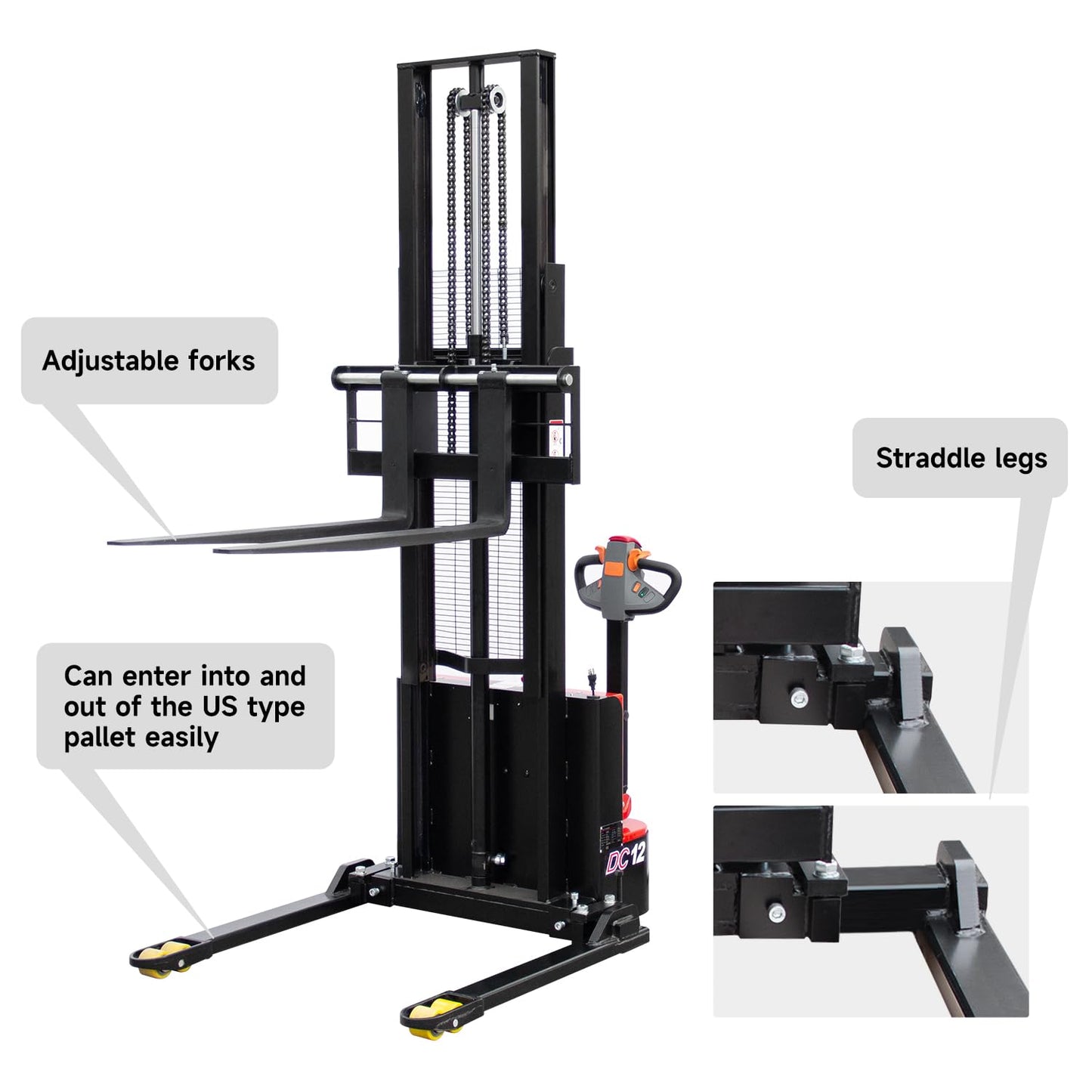 DMC-FPPS 2640lbs Full Electric Pallet Stacker, 118" Lifting Height Wakie Stacker Straddle Legs Material Lift with Adjustable Forks, Suit for Warehouses, Factories, Docks, Workshops, Garages