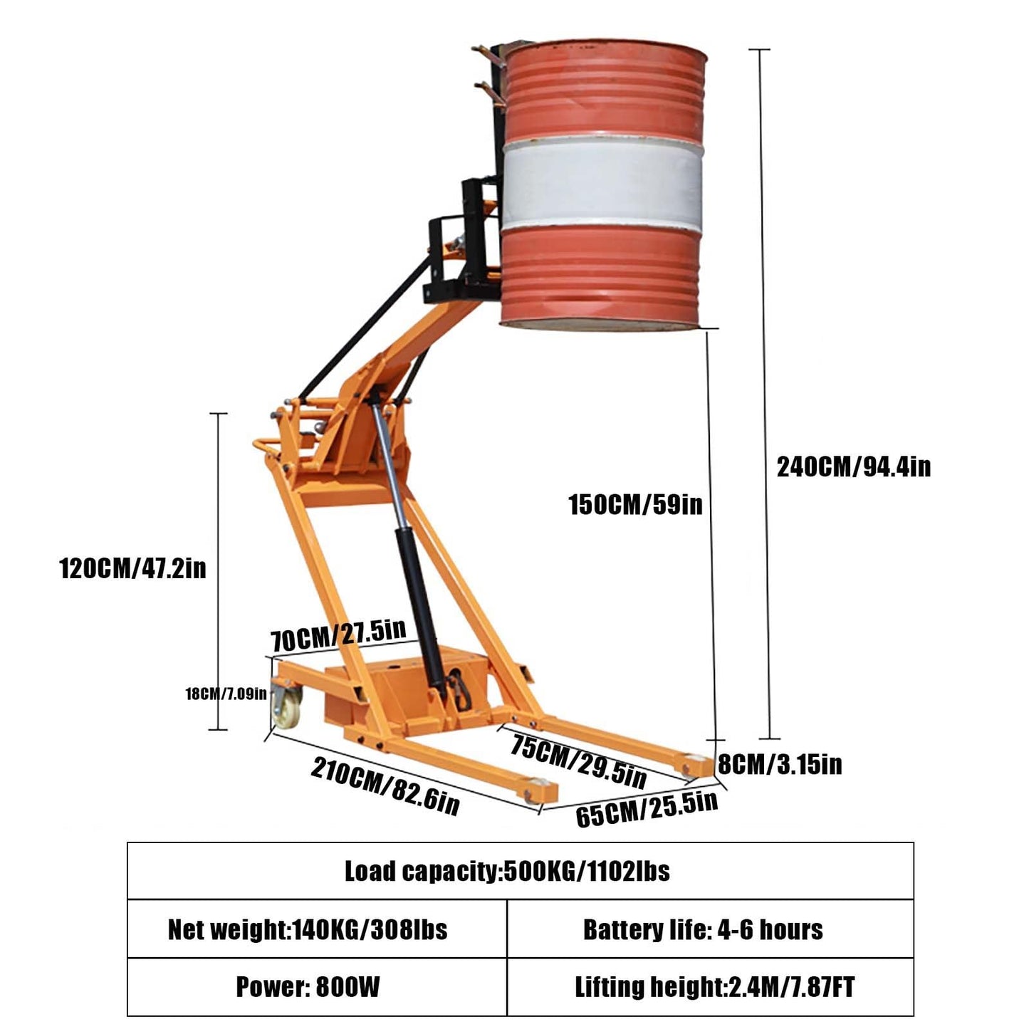 Full Electric Stacker,Portable Articulated Forklift,Foldable Hydraulic Lift Push Forklift,Adjustable Fork Material Handler(Forklift Drum clamp Style,500KG)