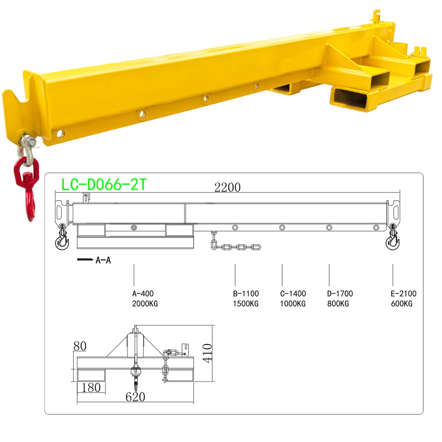 TECHTONGDA Dual-Direction Forklift Jib Crane - 6600 Lbs Telescoping Boom Works in Transverse & Longitudinal, Adjustable Mobile Crane Lifting Hoist Jib Boom with 2 Hooks, Forklift Attachment