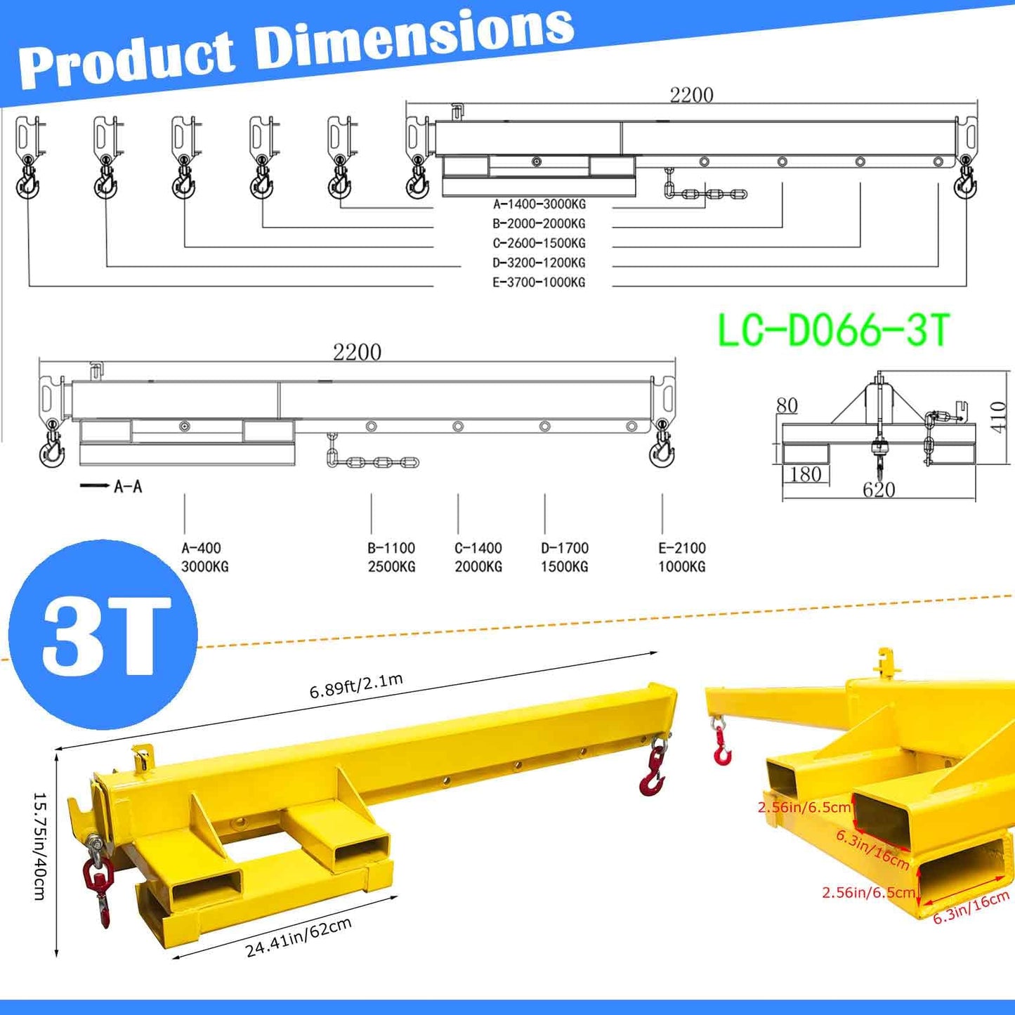 BEILOCKERY Forklift Jib Crane 6600lbs/3 Ton Capacity, Telescopic Boom with Transverse & Longitudinal Direction, Adjustable Mobile Hoist with Truss Boom & 2 Hooks, Max Reach 145.2 Inches