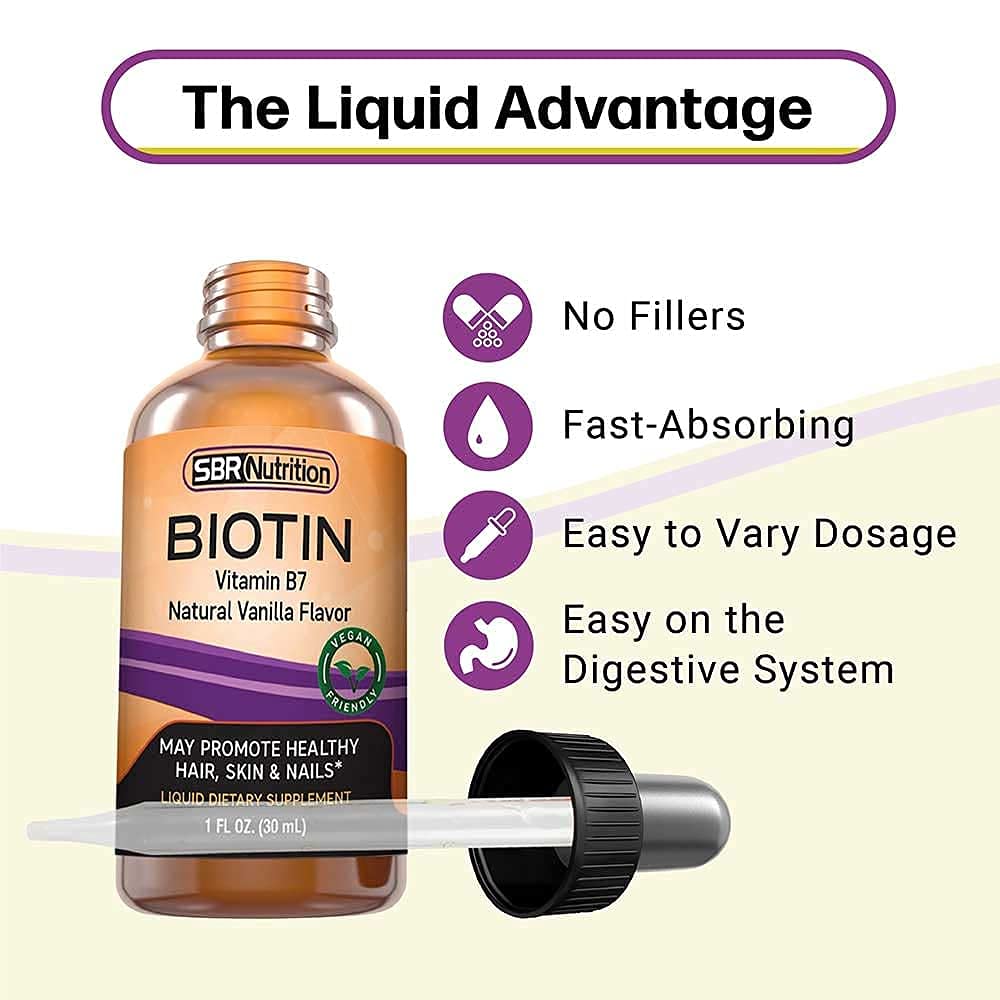 SBR Nutrition Biotin Liquid Drops, 5000mcg per Serving (60) 1.0Fl.oz (30ml) Vanilla