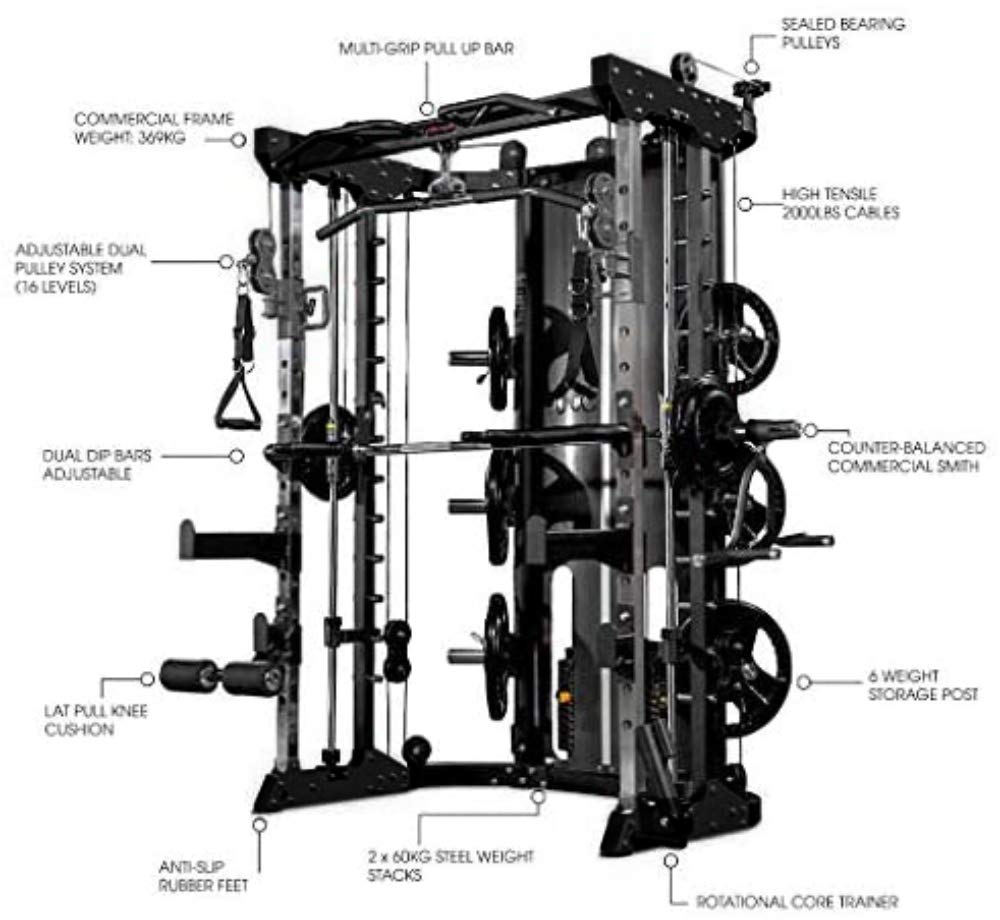 Commercial Home Gym - Smith Machine w/ Cross Cables - Built in 350 lbs Weights - Black - Standard
