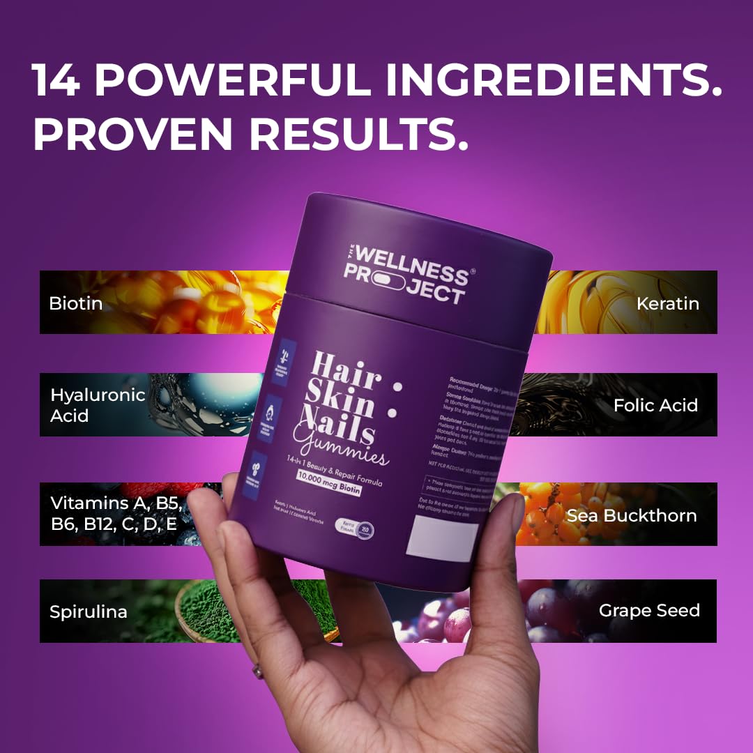 The Wellness Project 14-in-1 Hair, Skin & Nails Gummies with 10,000 mcg Biotin, Keratin, Hyaluronic & Folic Acid, Vitamins A, B5, B6 & B12 & Sea Buckthorn | for Women & Men | Tasty Mixed Berry Flavor
