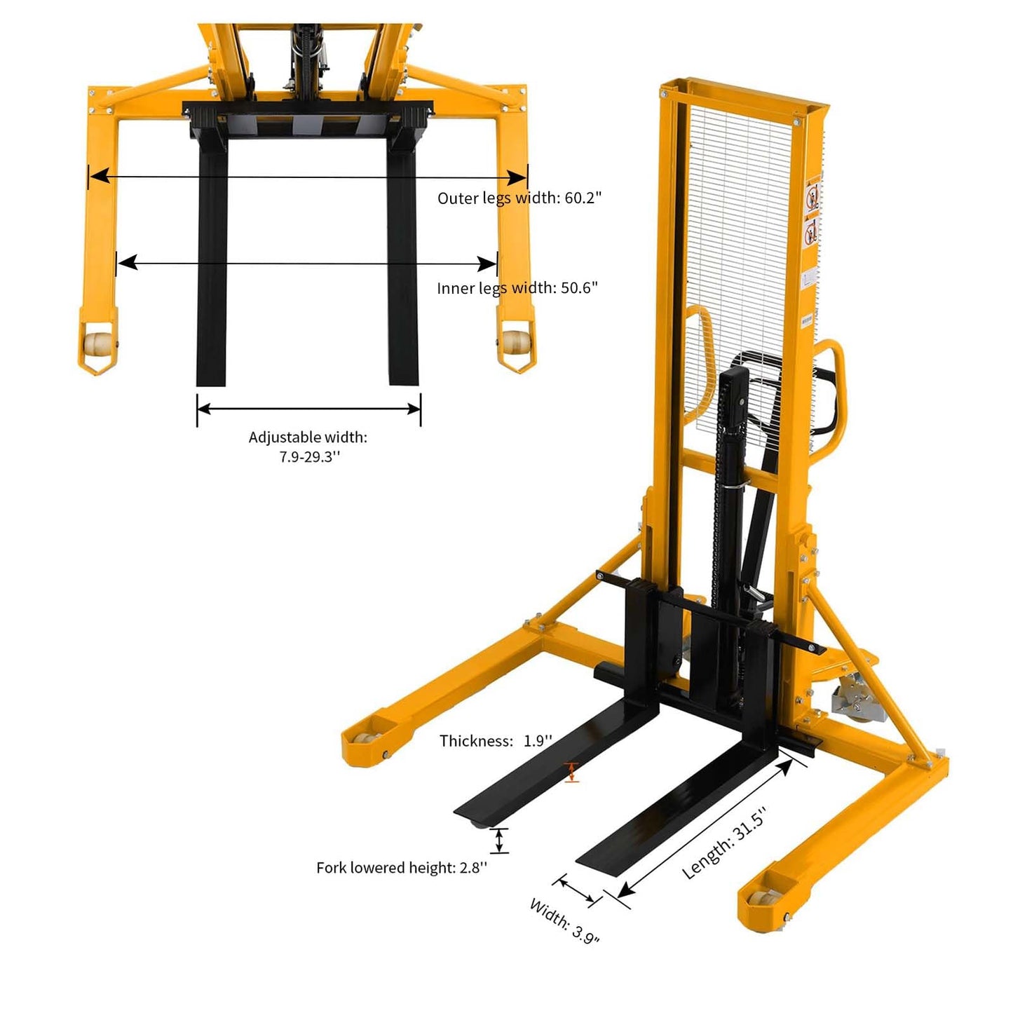 APOLLOLIFT Manual Pallet Stacker with Straddle Legs 1100lbs Capacity 63" Lift Height Adjustable Forks