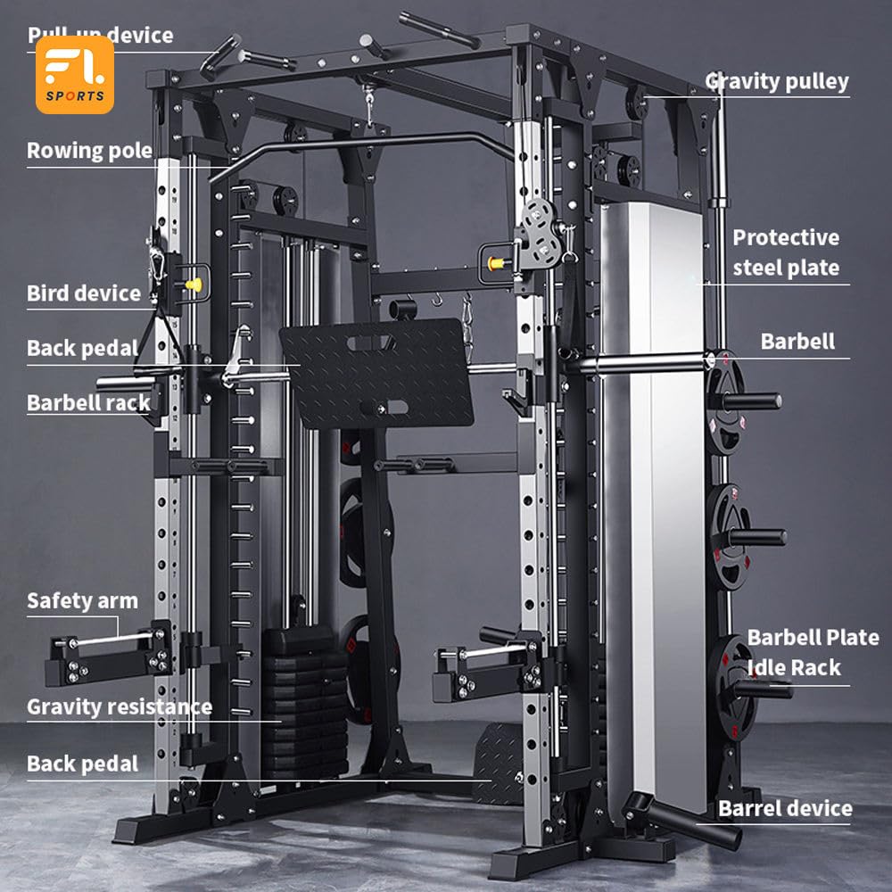 Multi-Functional Smith Machine Power Cage, Steel Home Gym Equipment, Dark Grey, 78.74x66.93x88.58 in, 300KG Weight Capacity, Model FL104