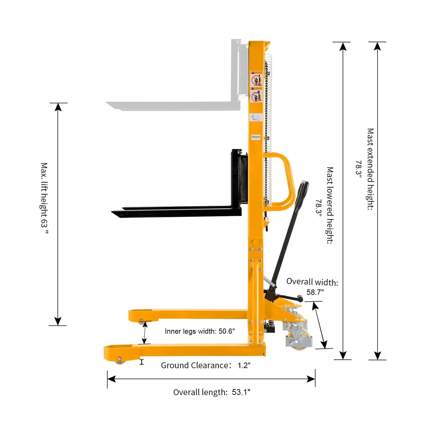 Aequanta Straddle Legs Manual Pallet Forklift Hand Pallet Stacker 1100lbs Capacity 63" Lifting Height with Adjustable Fork