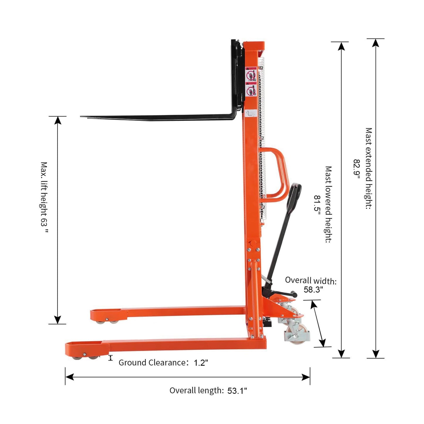 Tory Carrier Manual Pallet Stacker, Material Lift - 2200 lbs Capacity, 63" Lifting Height Pallet Lift Truck with Straddle Legs and Adjustable Forks