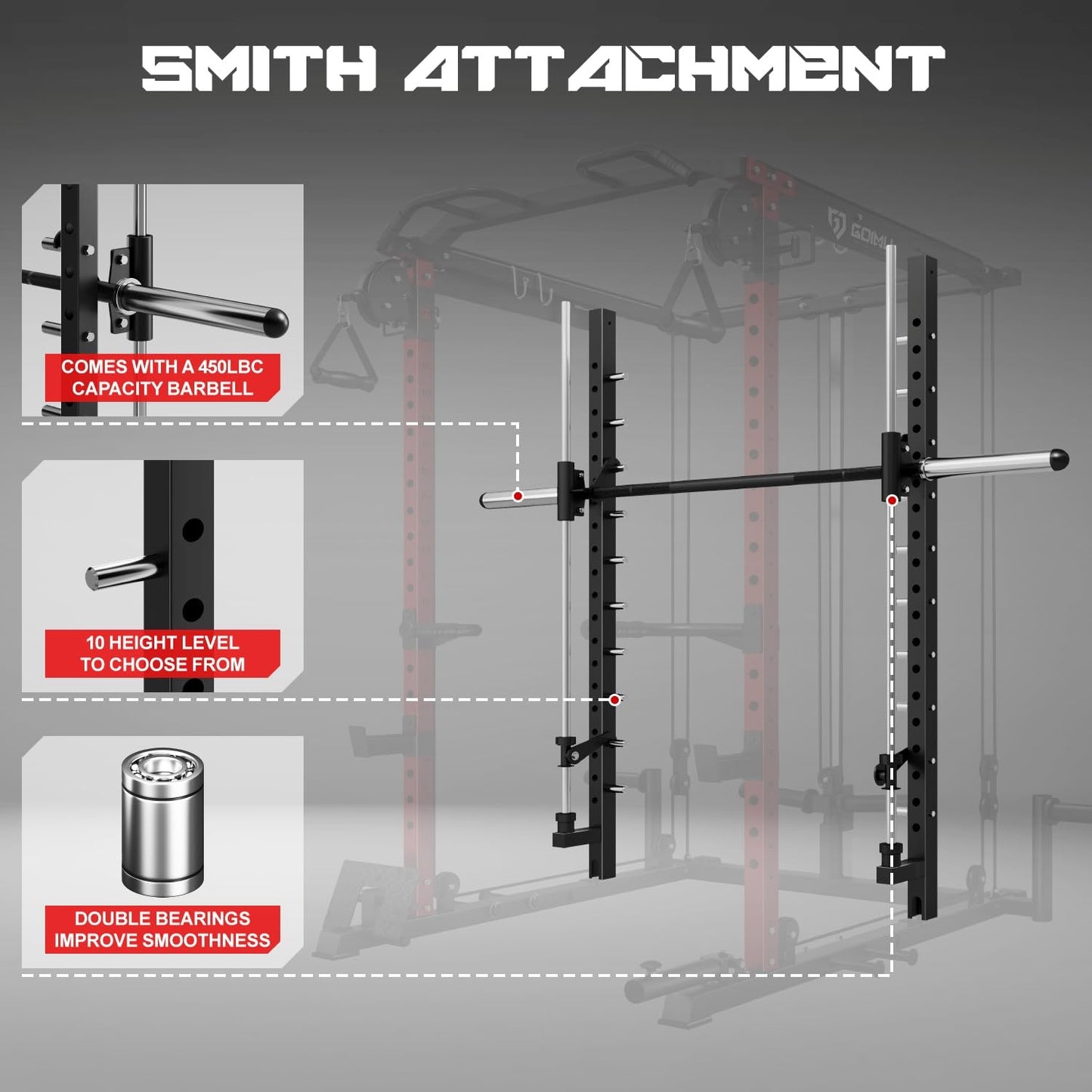 Goimu S1-V4 Smith Machine, 2000LBS Power Cage with Cable Crossover System, All-in-One Squat Rack with Smith Bar, Strength Training Equipment for Hone Gym (Red Smith Machine S1)
