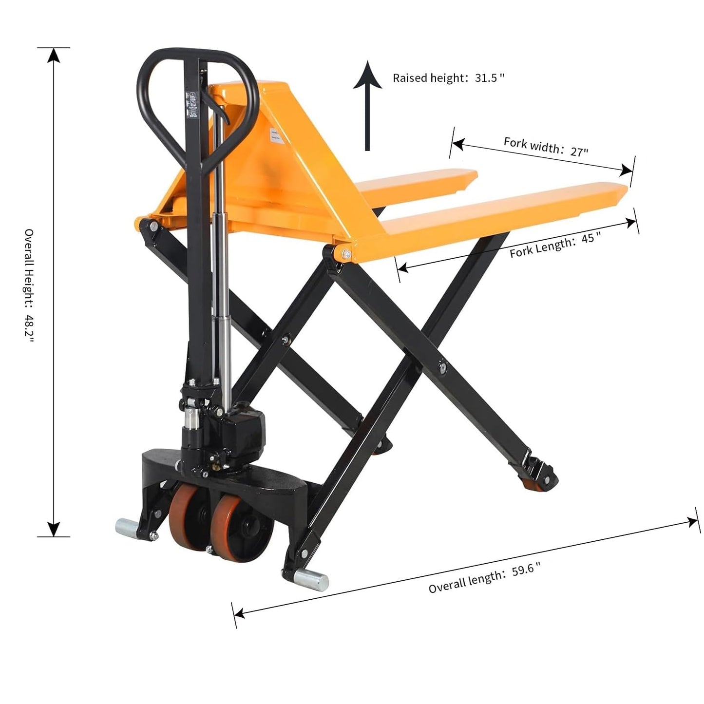 APOLLOLIFT Manual Pallet Jack, Scissor Pallet Trucks, Pallet Lift 2200lbs Capacity 45" Lx27 W Fork 3.3" Lowered 31.5" Raised Height, Suitable for Open Bottom Pallets