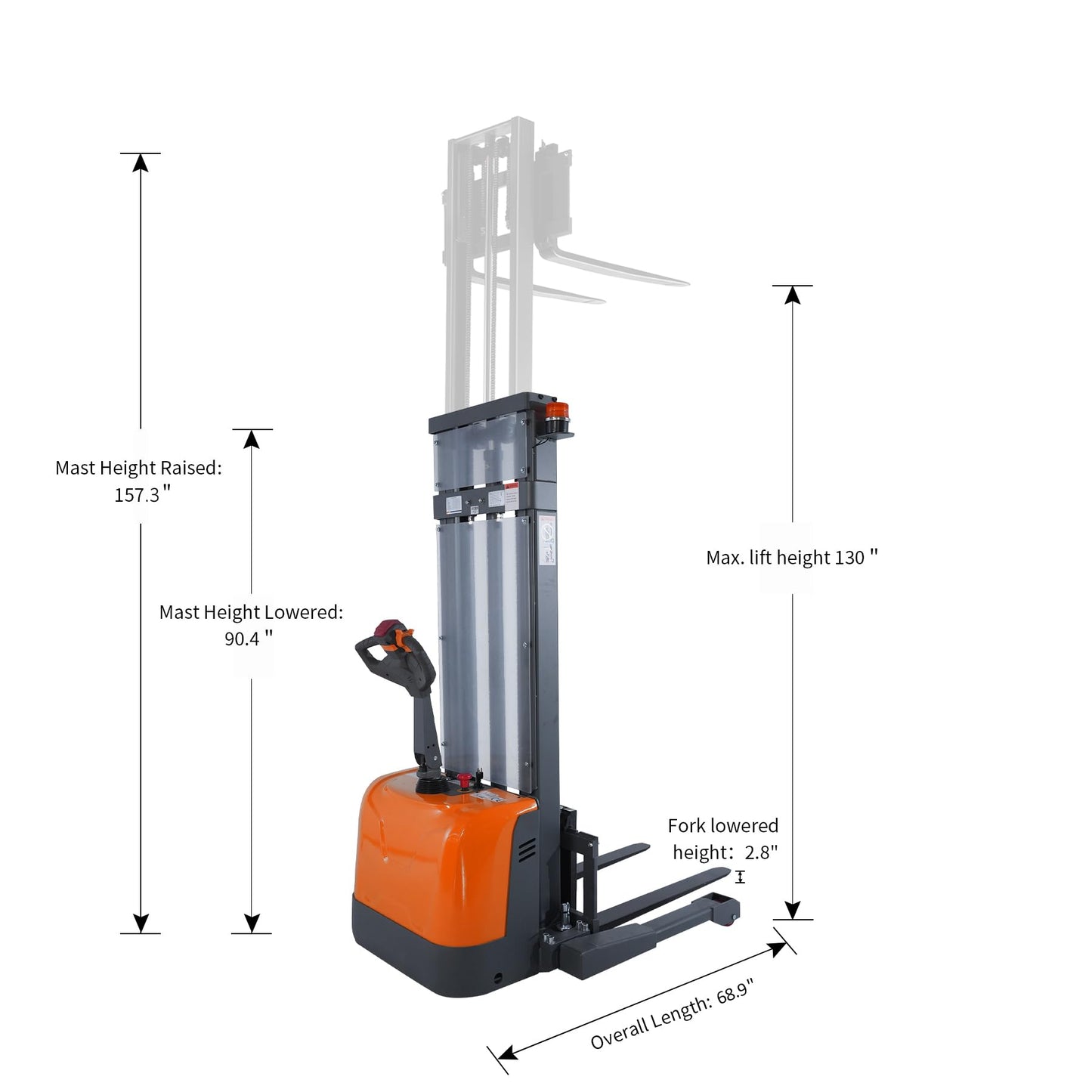 Tory Carrier Full Electric Pallet Stacker 3300 lb. Capacity 130'' Lift Height Walkie Forklift with Adjustable Forks and Legs, Material Lift with Gel Battery Suitable for Narrow Spaces