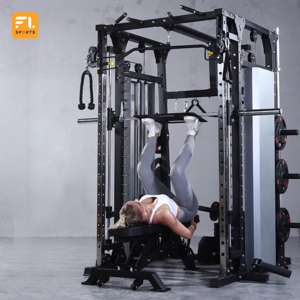 Multi-Functional Smith Machine Power Cage, Steel Home Gym Equipment, Dark Grey, 78.74x66.93x88.58 in, 300KG Weight Capacity, Model FL104