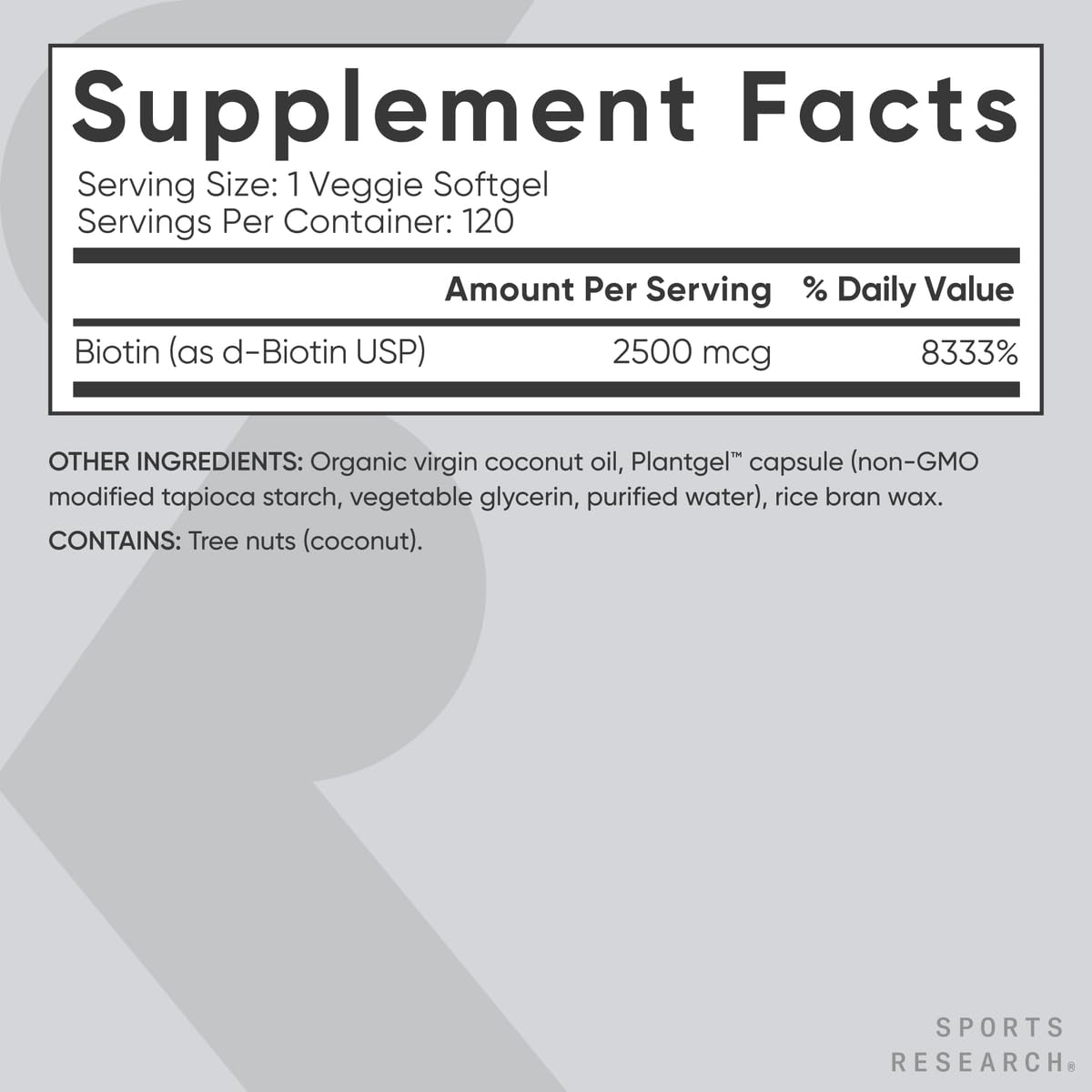 Sports Research® Biotin 2,500mcg with Organic Coconut Oil - Biotin (Vitamin B7) for Healthy Skin and Hair Support* - for Women and Men - Vegan, Non-GMO, Gluten & Soy-Free - 120 Veggie Softgels