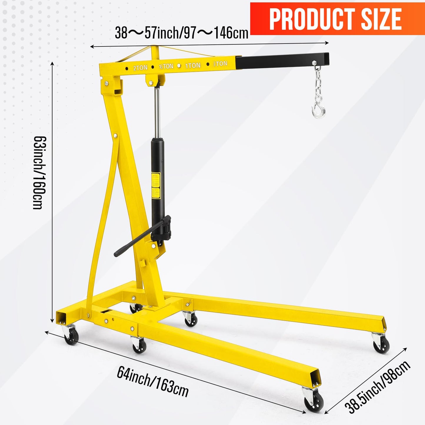 Hydraulic Engine Hoist, 2-Ton Folding Portable Shop Crane Lift, 4400 Lbs Capacity with Telescopic Boom and 6 Casters, Foldable Mobile Cherry Picker for Garage Workshop Warehouse, Yellow, Heavy-Duty