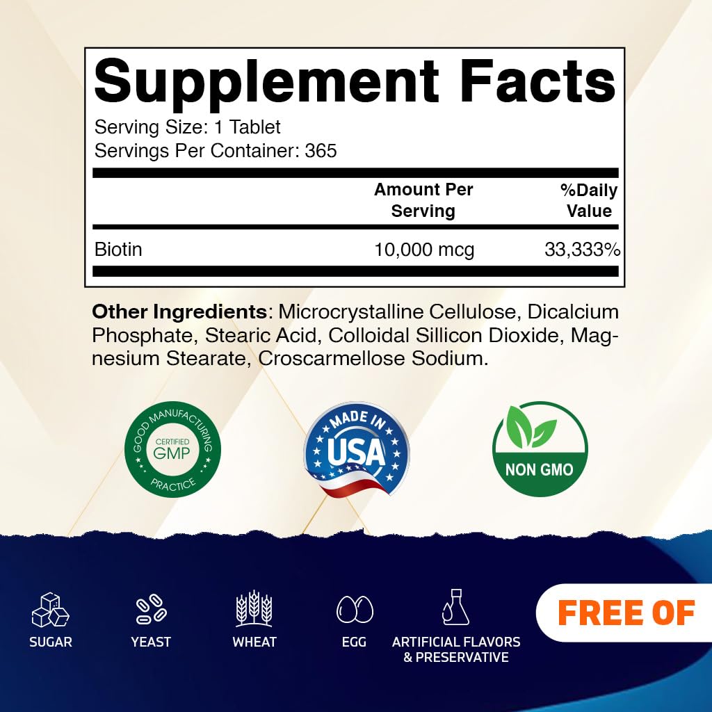 Vitamatic Biotin 10,000 mcg (10 mg) for Stronger Hair, Skin & Nails - 365 Vegan Tablets- Also Called Vitamin B7