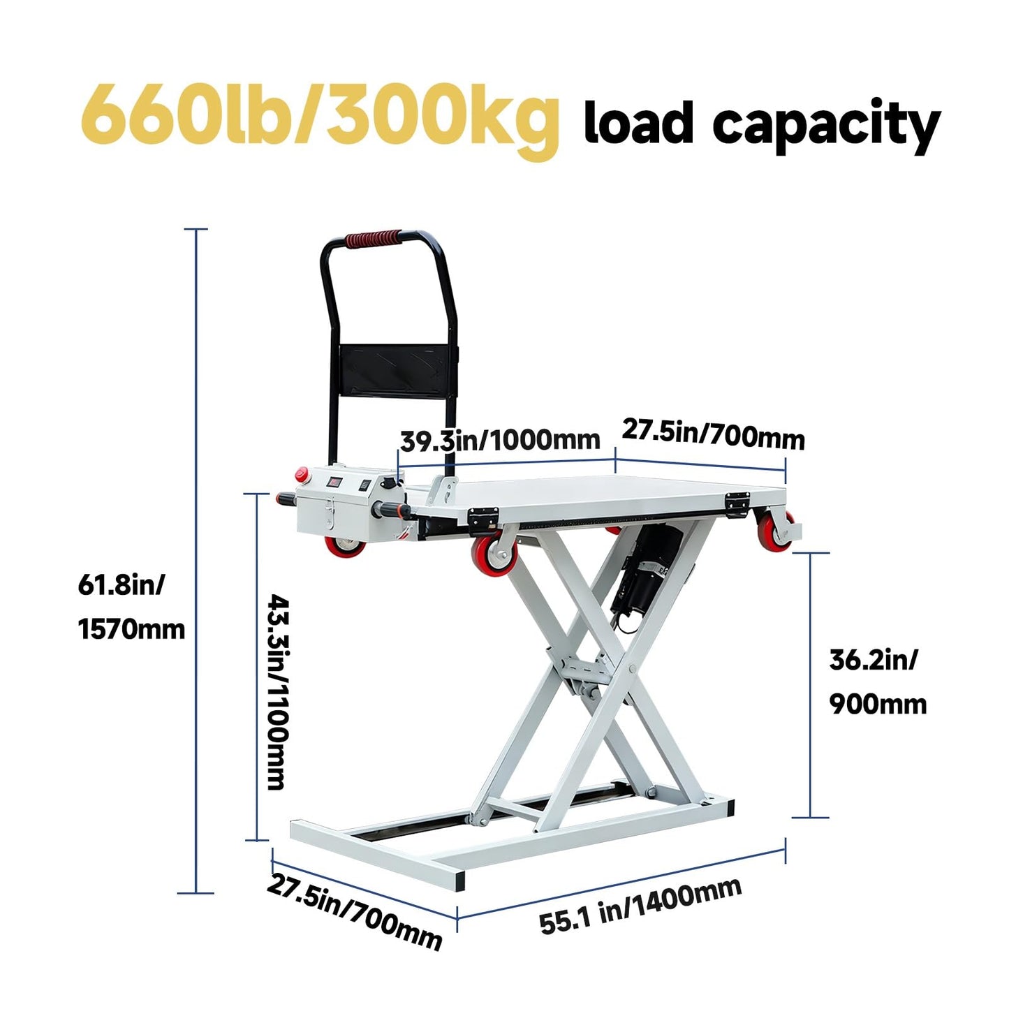 Electric Lift Table Cart, 1100lbs Heavy Duty Hydraulic Scissor Lift with Slide Rails, Battery Powered Loading Platform for Pickup Truck Tailgate, Garage & Warehouse, No Assembly