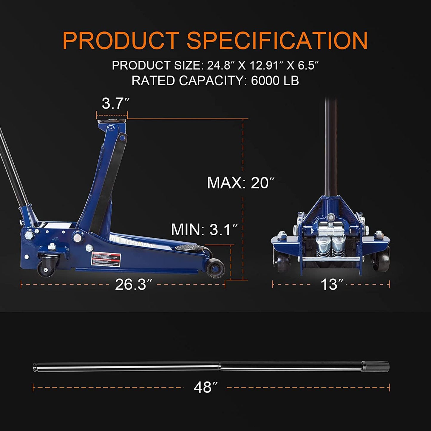 TCE ATZ830026XU-2 Ultra Low Profile Floor Jack: Heavy Duty Hydraulic Steel Service Jack with Dual Piston Quick Lift Pump and Detachable Handle, 6,000 LBS Capacity (3 Ton), Blue