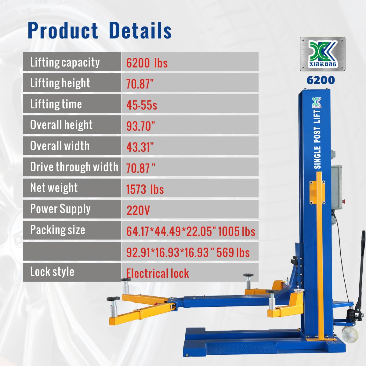 XK-6200-E Mobile Single Post Electric Unlock Lift Maximum Lifting Capacity of 6200 lbs with 12 Months Parts Replacement