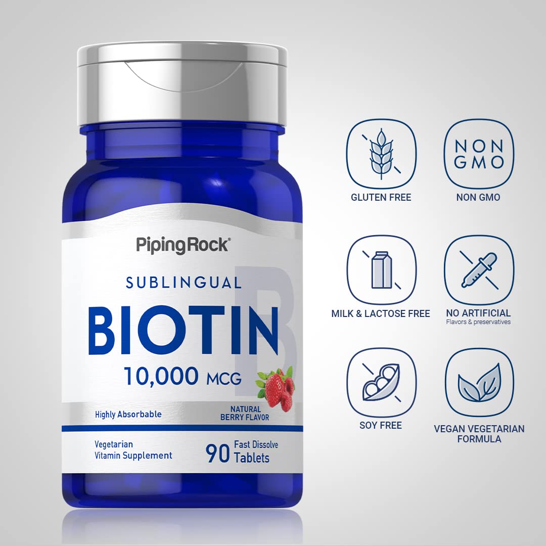 Piping Rock Biotin 10000mcg Fast Dissolve Tablets | 90 Count | Berry Flavor Sublingual Pills | Max Strength and High Absorption | Vegetarian, Non-GMO, Gluten Free Supplement