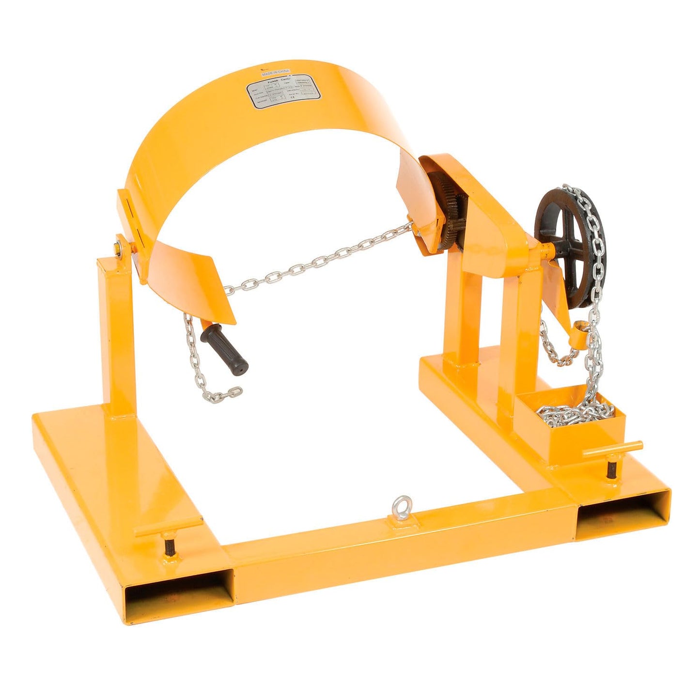 Global Industrial Forklift Tilting Drum Dumper with Pull Chain, 1500 Lbs Capacity,For Use with 55 Gallon Drums, Steel Construction, Yellow Powder Coat Finish