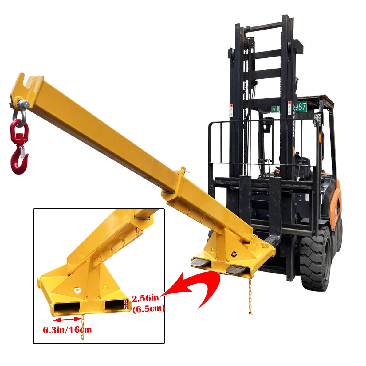 EQCOTWEA 3T/6600LB Adjustable Forklift Jib Boom Crane Attachment, 63-98in Forklift Telescopic Lifting Arm, Mobile Crane with One Hook for Forklifts, Heavy-Duty Towing & Handling Equipment