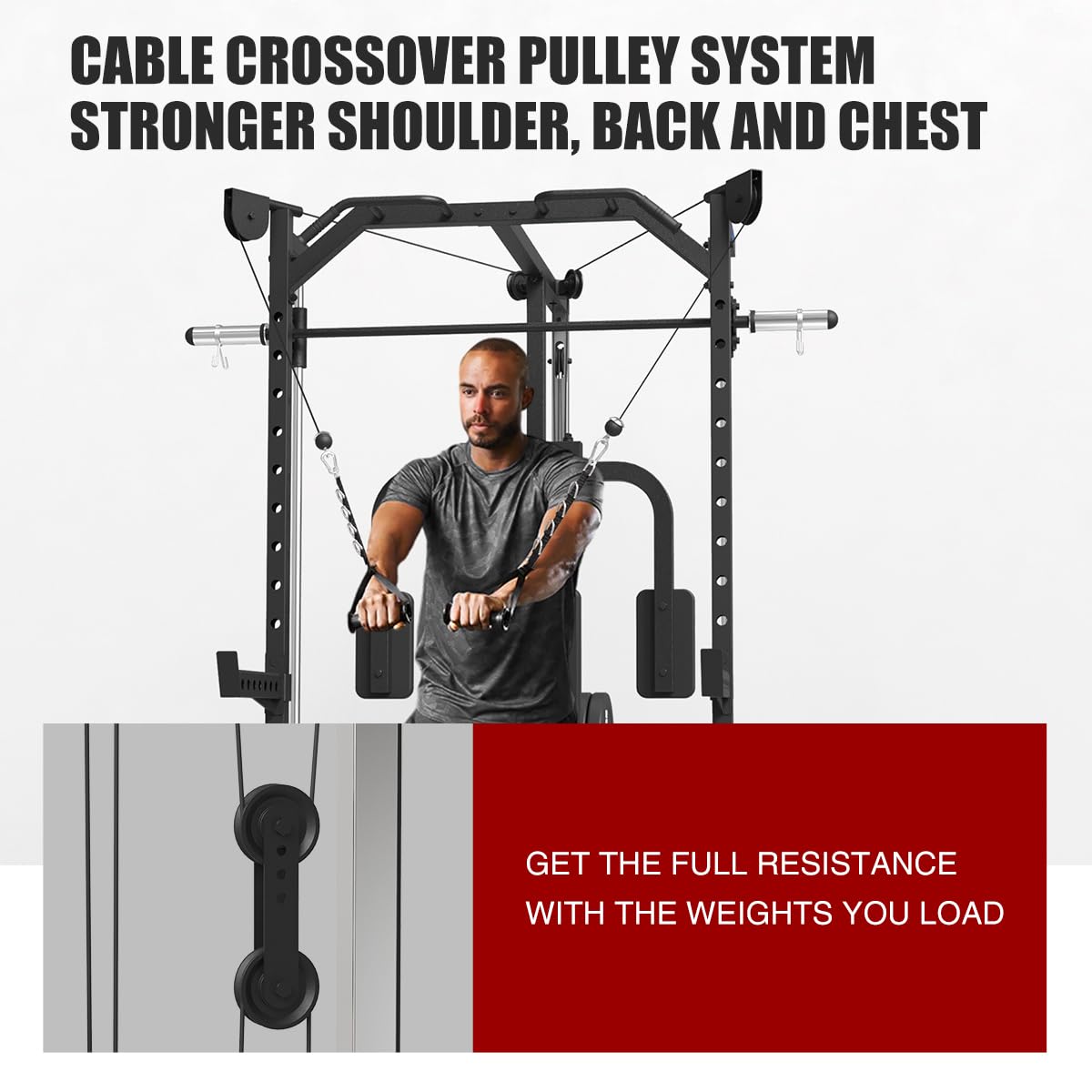 FAGUS Black Smith Machine Power Rack with Cable Crossover System & Chest Fly Station, 360° Landmine, T-Bar Row Handle, Tricep Rope, Ankle Strap, Safety Arms, Band Pegs and More Training Attachment
