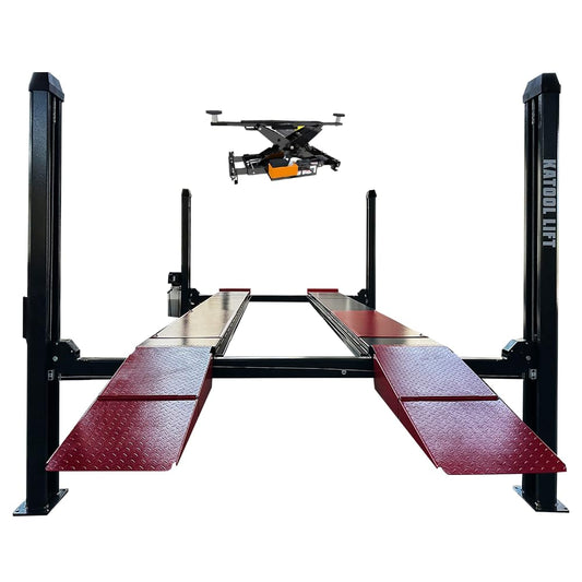 KATOOL KT-4H120px 12000lbs Pneumatic Unlocking 4 Post Lift Alignment Lift with Rolling Jack 86.9” Lifting Height, Double Protection Locks Extra Height Extra Wide Extra Tall Parking Car Lift 220V