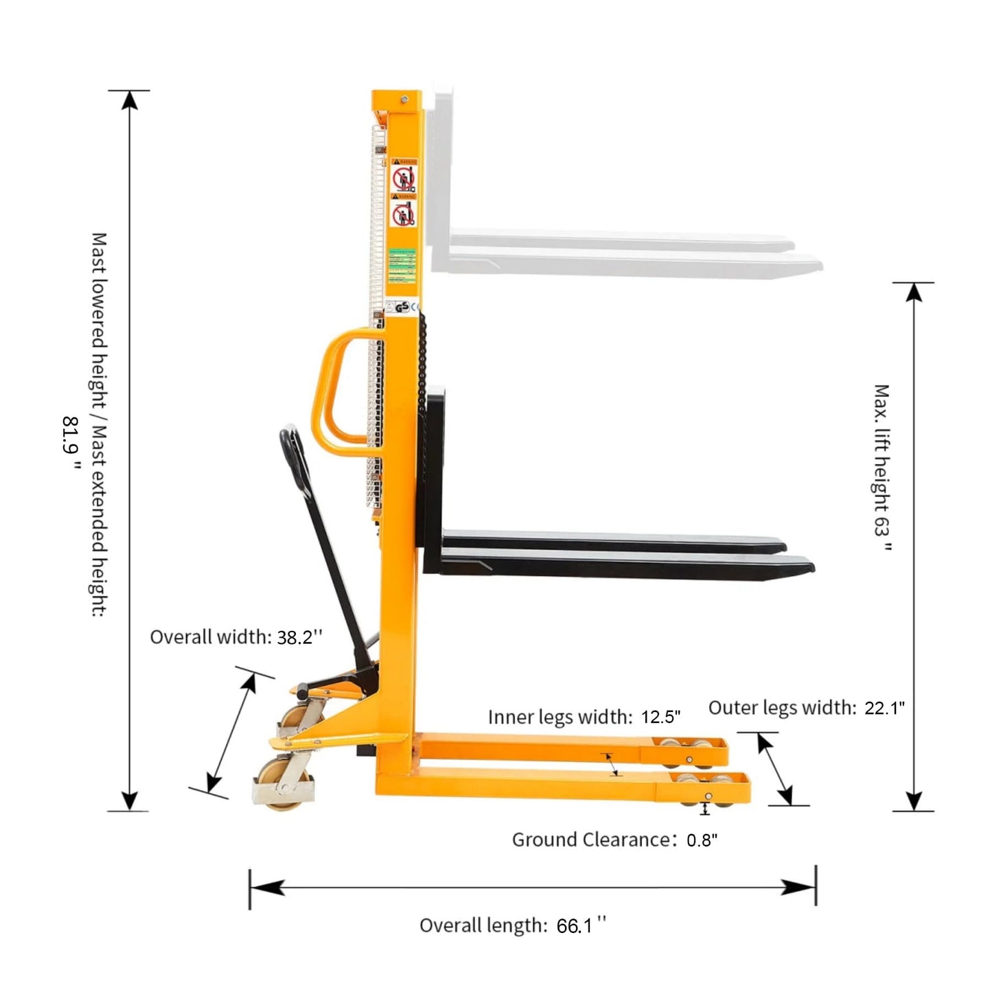 APOLLOLIFT Manual Stacker, 2200 lbs Capacity 63 Inch Lift Height Fixed Leg Stacker, with Adjustable Forks Fixed Legs Only Suitable for Open Bottom Pallet