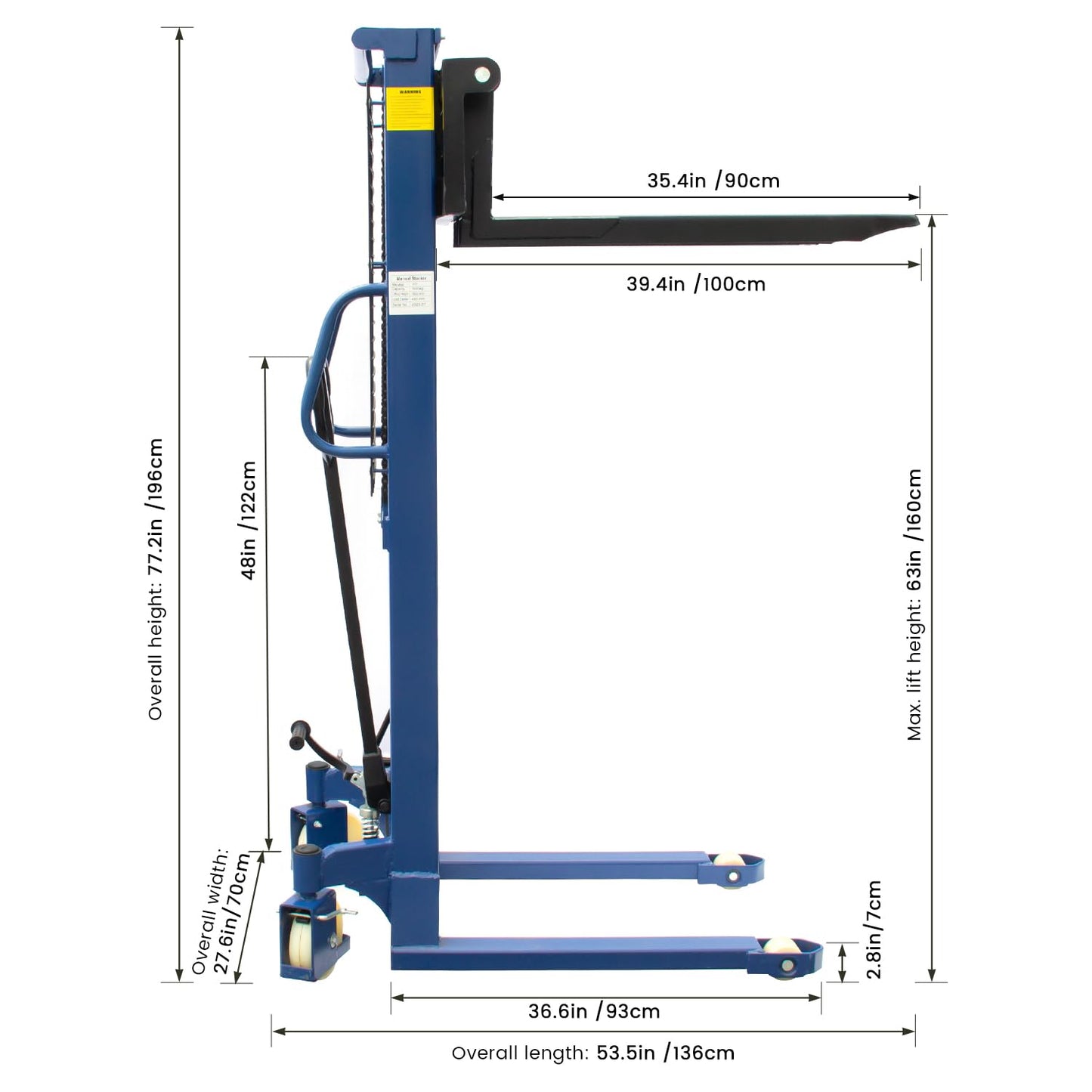 2200Lbs Manual Pallet Stacker - 63 Inch Lift Height Fixed-Fork Lifter | Adjustable Forks for Open Deck Pallet, Heavy-Duty Warehouse Lifter w/Safety Lock