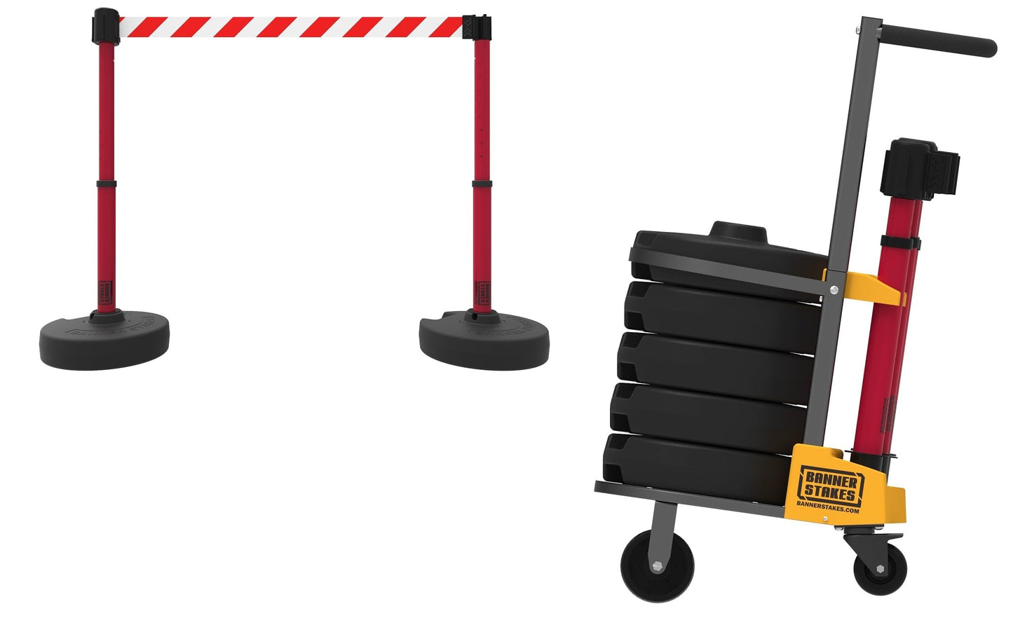 Banner Stakes Crowd Control Plus Cart Package & Accessory Tray, 75' Total Retractable Belt Barrier System - 5 Telescoping Stanchions w/ 15' Red/White Diagonal Stripe Banners (PL4014T)