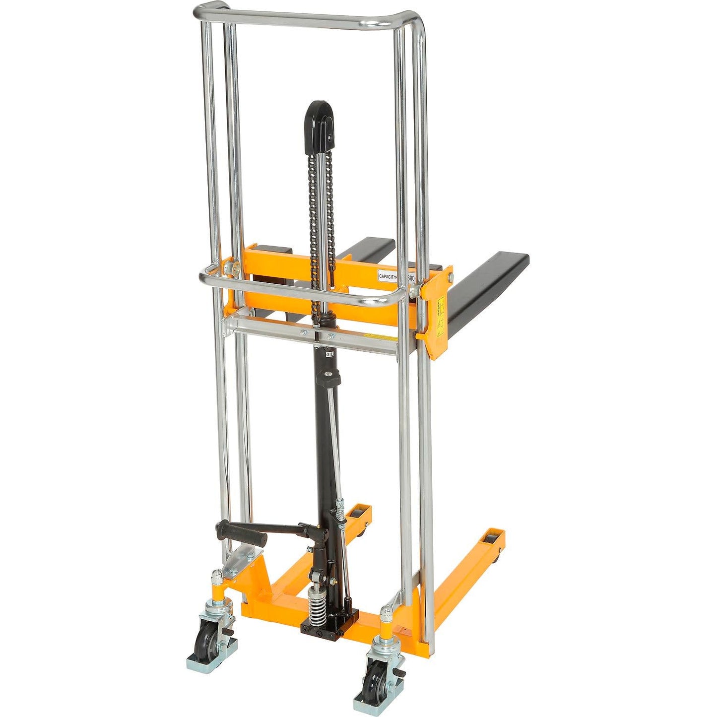 Global Industrial Manual Lift Stacker, 3-1/2" to 59" Lift, Adjustable 8-1/2" to 19-1/2"W Forks, 880 Lb. Capacity, Foot-Operated Hydraulic Pump, Yellow Powder Coat Steel Frame