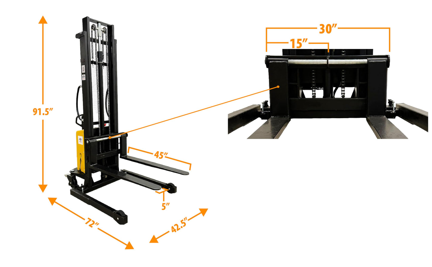 HOC EMS1035W SEMI Electric Wide Leg Pallet Stacker 2204 LBS 1000 KG Load Capacity + 138 INCH Height Capacity + Adjustable Frame Legs - North American Made