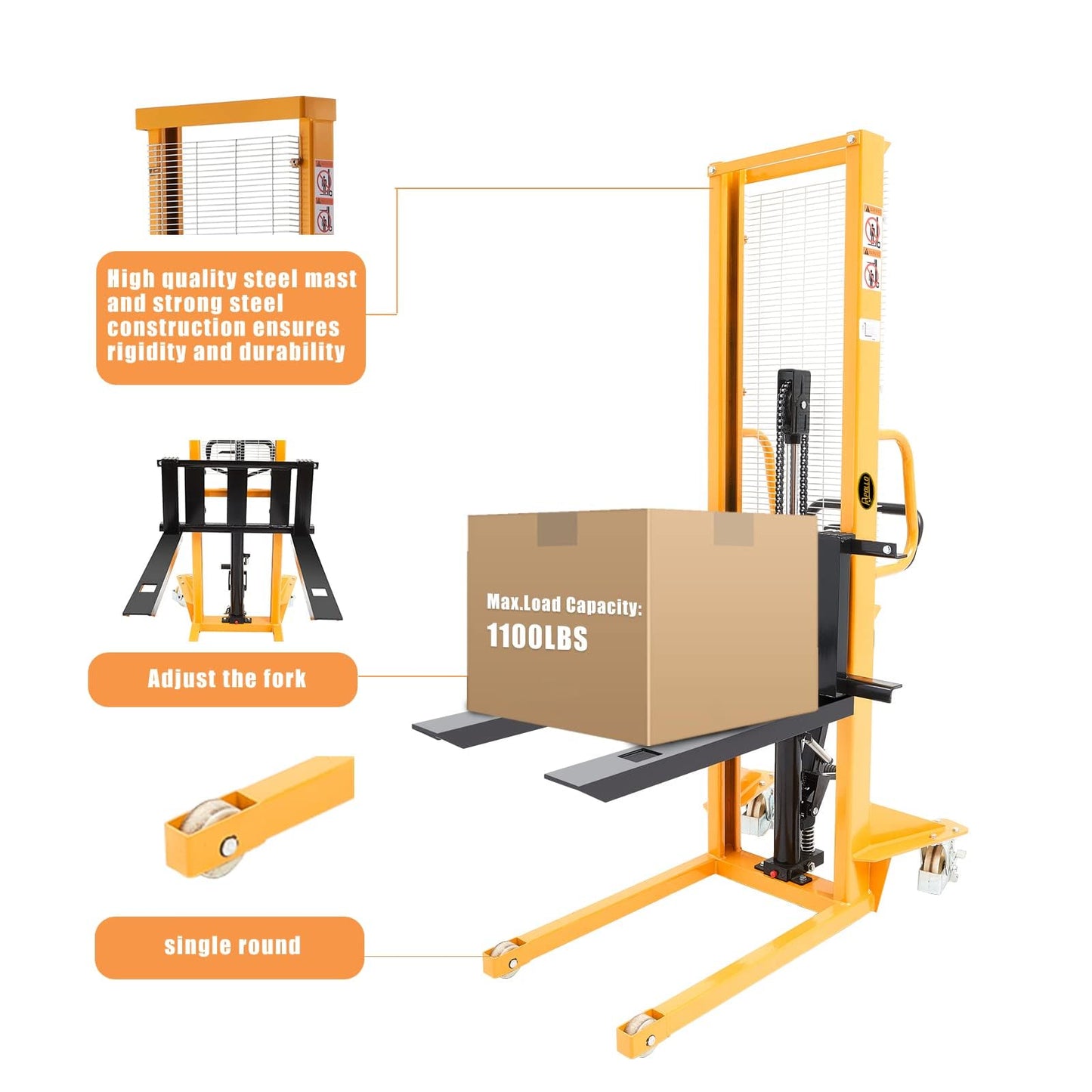 APOLLO Manual Stacker Hand Pallet Forklift 1100lbs Capacity 63" Lifting Height with Fixed Legs and Adjustable Forks Only Suitable for EU Pallets