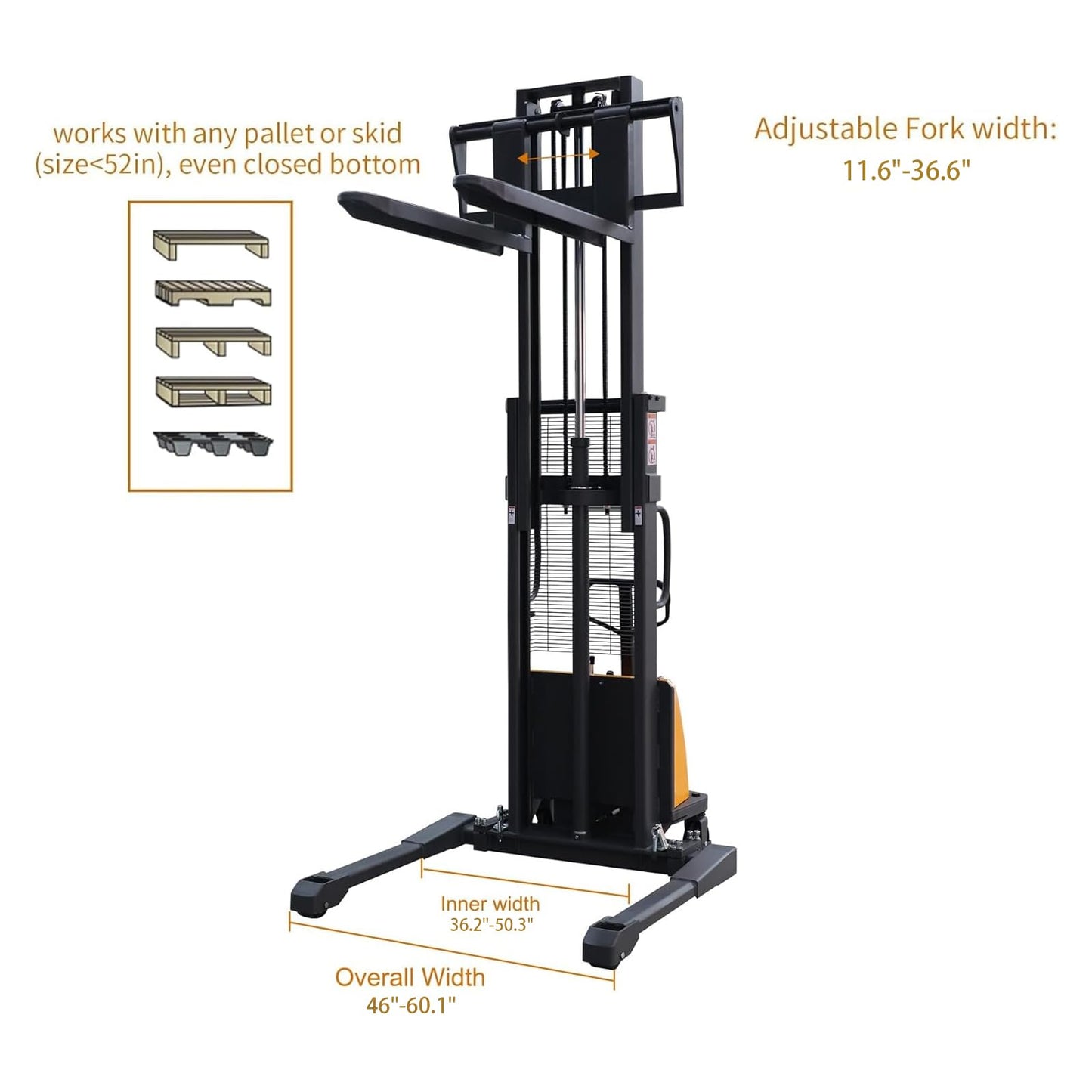 APOLLO Semi-Electric Pallet Stacker, 3300 lbs Capacity, 118" Lifting Height Material Lift, Forklift with Straddle Legs and Forks