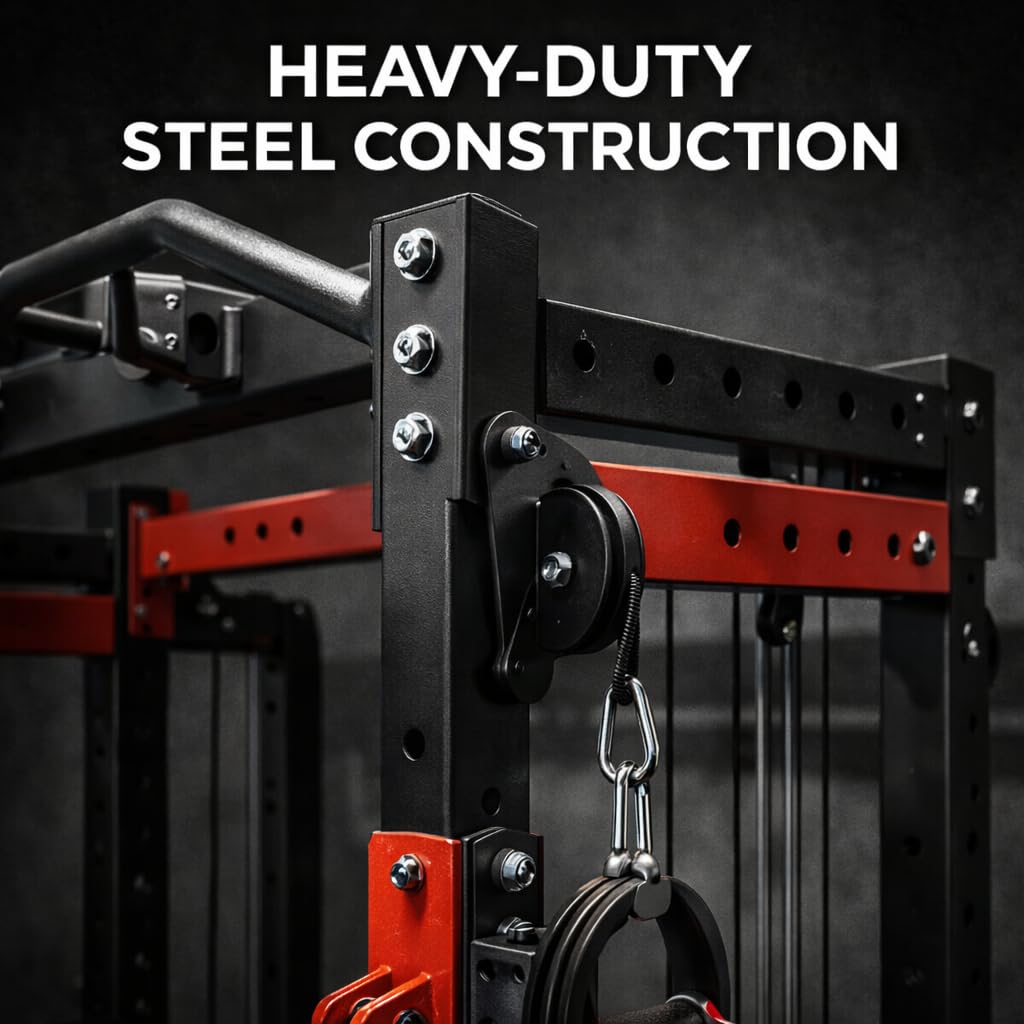 Ckajuoau Smith Machine Black and Red, 3500 lbs Capacity, Alloy Steel and Aluminum, 68" W x 65" D x 90" H, Dual 176 lb Weight Stacks with Cable Crossover