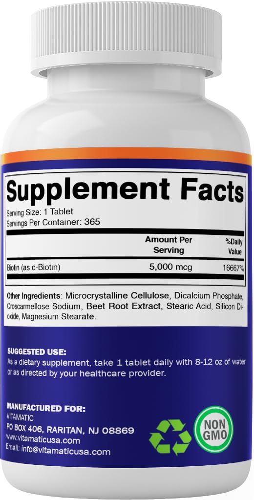 Vitamatic Biotin 5000mcg (5 mg) for Stronger Hair, Skin & Nails - 365 Vegan Tablets- Also Called Vitamin B7