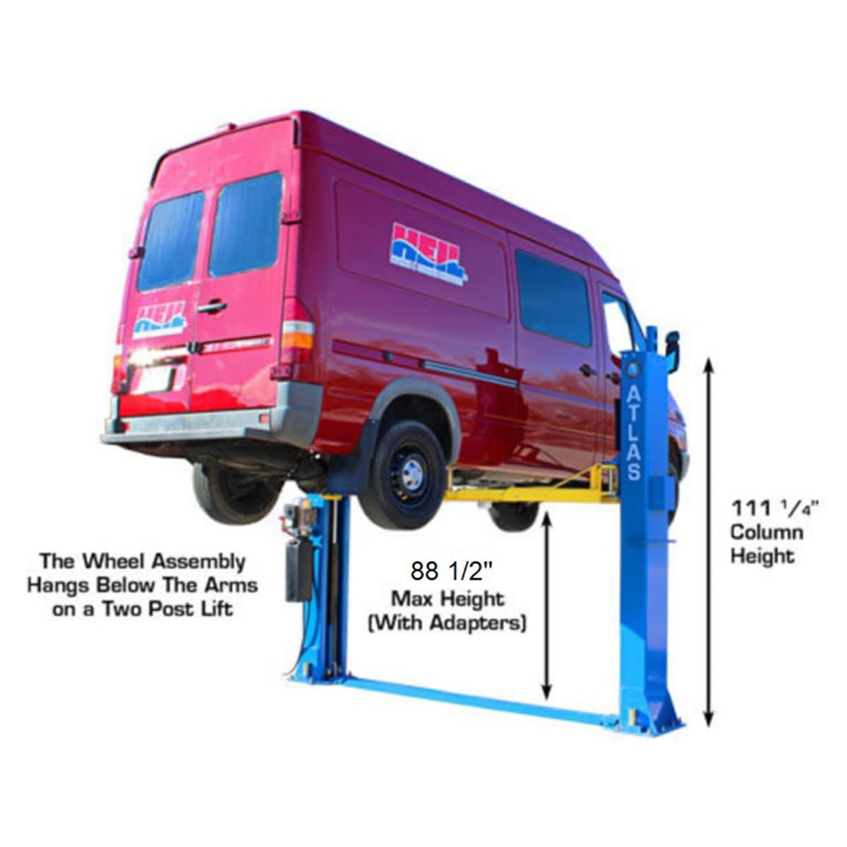 Atlas Automotive Equipment BP12000X 2-Post Commercial Grade Vehicle Lift, Baseplate, Open-top Style, 10’4” Minimum Ceiling Height, 12,000lb Capacity, 3-Stage Symmetric Arms, For Low Ceiling Garage Use