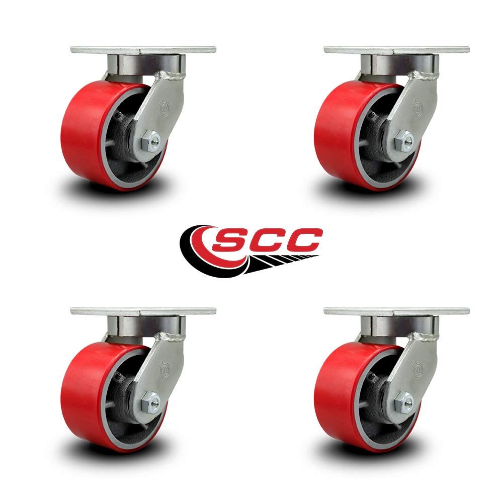 Extra Heavy Duty 6” x 3” Red Polyurethane on Cast Iron Swivel Caster Set for Cranes, Gantries, Hoists, and Winches - 4 Swivel Casters – 2,000 lbs Per Caster – Set of 4 - Service Caster Brand
