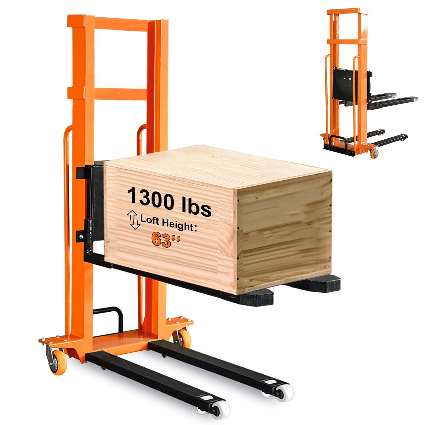 Electric Pallet Stacker 1300lbs Capacity 63 Inch Lift Height, Truck-Boardable Material Lift with Fixed Legs, Electric Forklift for Warehouses & Logistics (63" Lifting)