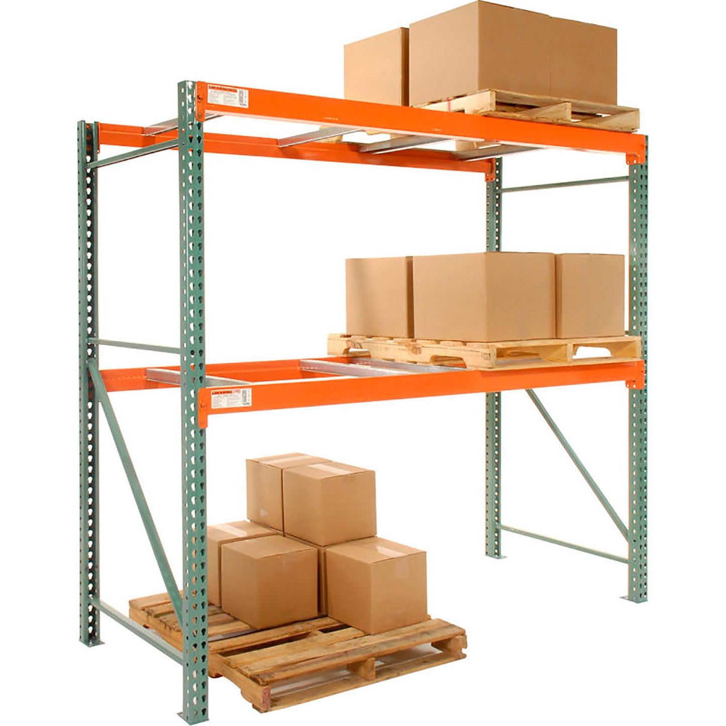 Global Industrial Teardrop Pallet Rack Starter Unit, 120"W x 48"D x 120"H, 5630 lbs Shelf Capacity, Steel Construction, Orange & Green, For Industrial Storage