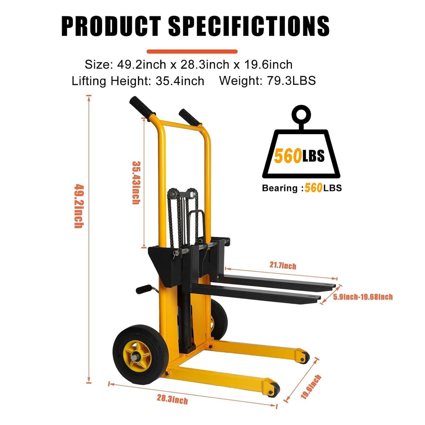 Legines Foldable Hydraulic Material Carrier Manual Lift Stacker Forklift Pallet Stakcer 560 lbs Capacity 36" Lift Height with Adjustable Forks and Fixed Legs, Pallet Truck Dolly
