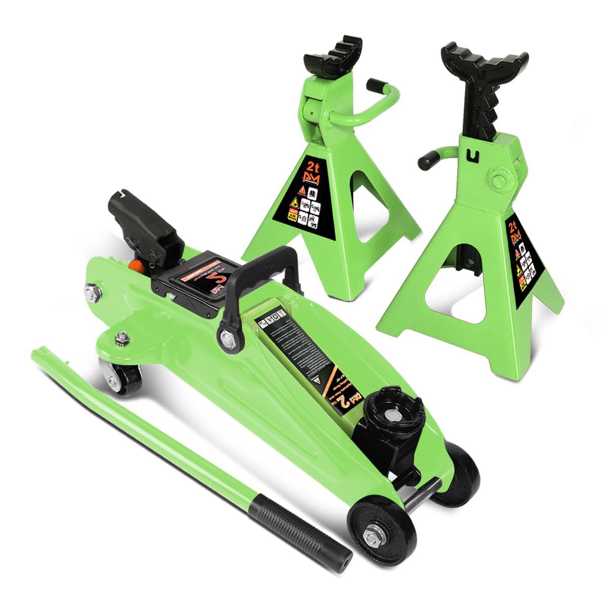 PM PERFORMOTOR Low Profile Hydraulic Trolley Service/Floor Jack Combo with 2 Ratchet Jack Stands, 2 Ton (4000 lbs) Capacity, Green,PM-TOL-FJ3P-GR